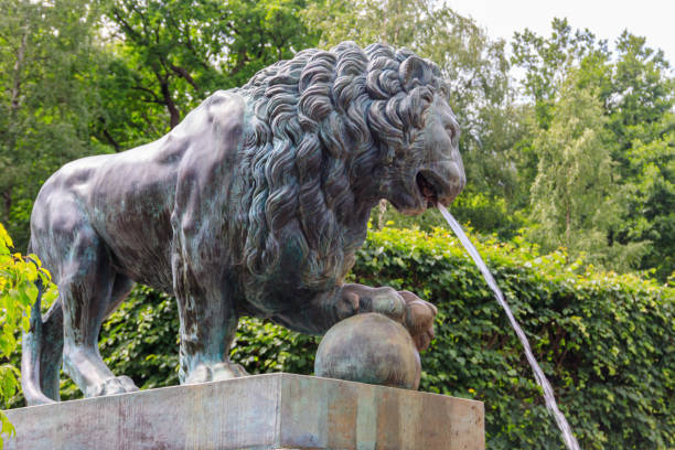 statue de bronze du lion. fragment de la cascade de lion de fontaine dans le parc inférieur de peterhof à saint-pétersbourg, russie - macro column marble luxury photos et images de collection