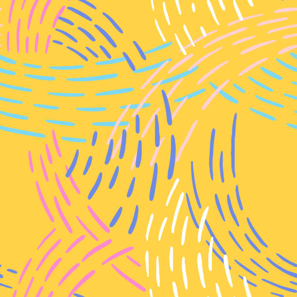 Simple geometric ornament. Seamless abstract pattern with colorful lines. Abstract line art. Dashed lines background Seamless abstract pattern with colorful lines. Hand drawn dashed lines forming overlapping waves. Stylish texture with stitches. Modern simple geometric background from bold dotted lines for textile, fabric. mustard yellow fabric stock illustrations