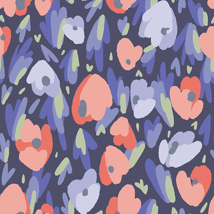 Abstract floral background made of tulip buds. Abstract geometric organic shapes. Flowers seamless pattern. Fantasy florals. Flat style. Textile and fabric design.