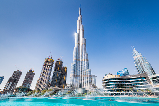 View from the souk at Burj Khalifa Lake to the Burj Khalifa, the world tallest building and the Dubai Fountain