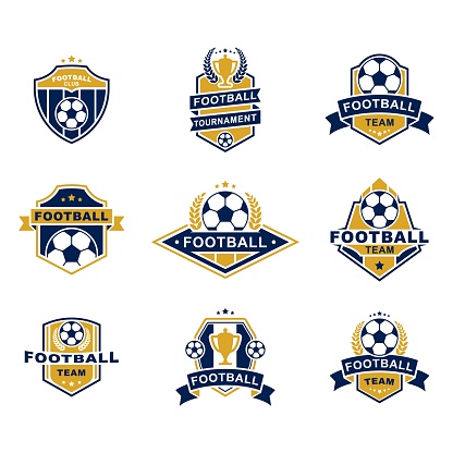 Football team emblems templates set. Badges and logos with soccer ball, tournament, club, heraldic, cup. Vector illustration for sport, play, math, betting concept
