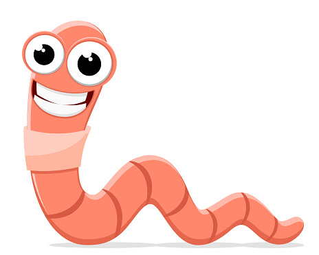 An earthworm creeps and smiles on a white background. Character