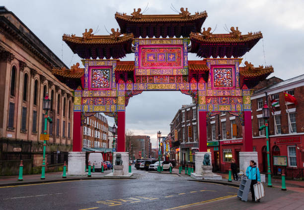 Liverpool, UK : Mar 16, 2019: The paifang, known as The Chinatown Gate, on Nelson Street marks the entrance to Chinatown in Liverpool. It is the largest multiple-span arch of its kind outside China.