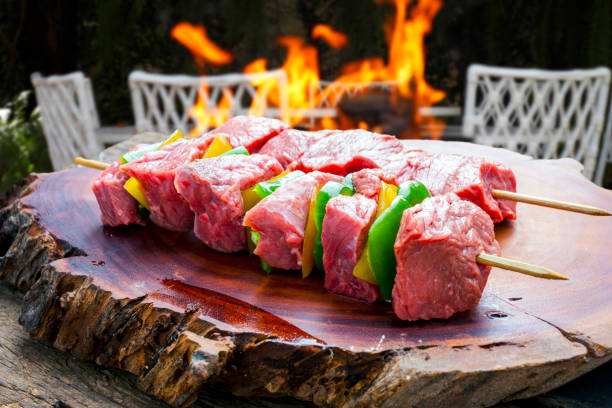 istock delicious raw meat skewer, beef 1221664244