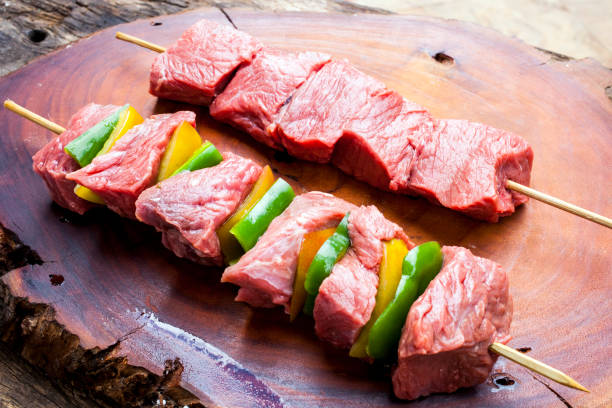 istock delicious raw meat skewer, beef 1221664846