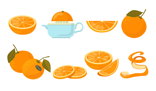 Orange fruit flat icon kit. Segmented or whole oranges vector illustration set. Vitamin and healthy fresh food concept