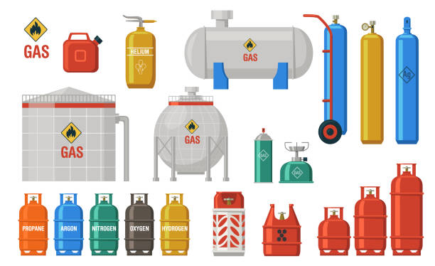 Gas and fuel storage flat icon collection Gas and fuel storage flat icon collection. Canisters, cylinders, tanks and balloons with LPG and oxygen vector illustration set. Petroleum industry and equipment concept gas cylinder stock illustrations