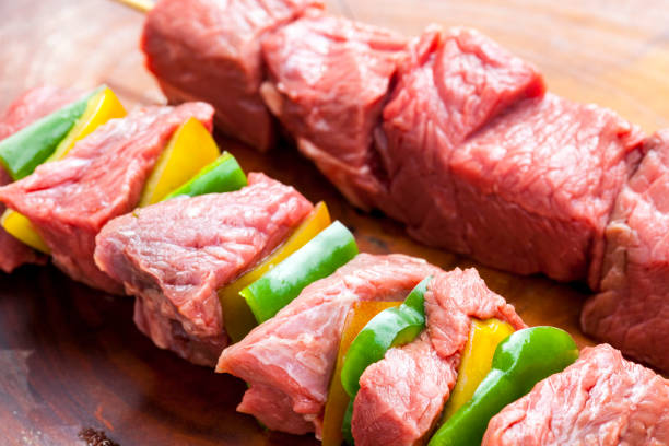 istock delicious raw meat skewer, beef 1221666419