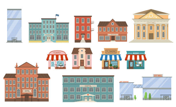 budynki miejskie płaska kolekcja ikon - facade street building exterior vector stock illustrations
