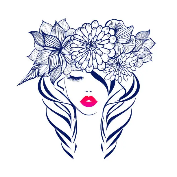 Vector illustration of Beautiful woman face, red lips. Diadem flowers, floral motive, abstract flowers, spa salon, sign, symbol, nails studio. Beauty Logo. Vector illustration.