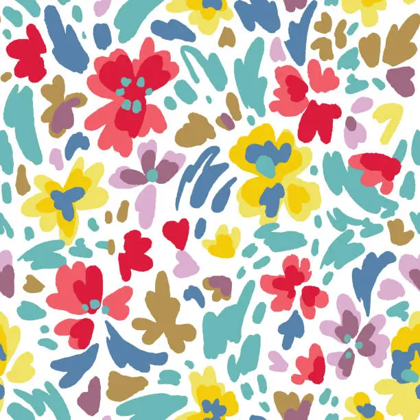 Vector illustration of Floral seamless pattern with blooming flowers. Modern flat design. Abstract organic shapes.