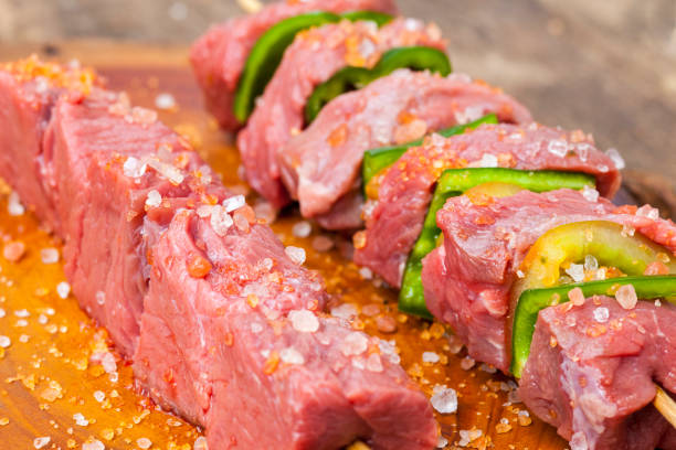 istock delicious raw meat skewer, beef 1221668217