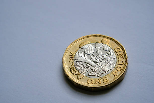 One pound coin close up photo with selective focus and dramatic shadow. stock photo