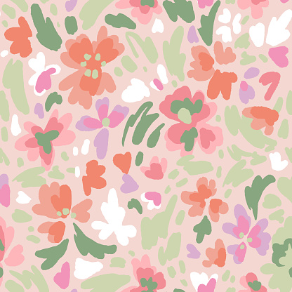 Creative floral seamless pattern with blooming flowers, plants and petals. Hand drawn summer artistic background. Modern flat design. Abstract organic shapes.