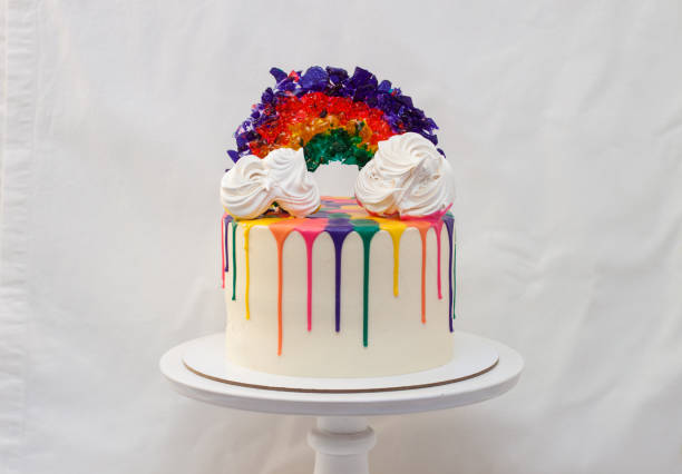 istock LGBT rainbow cake with melted chocolate and caramel rainbow on white cakestand. Plain background, copy space. 1221675553