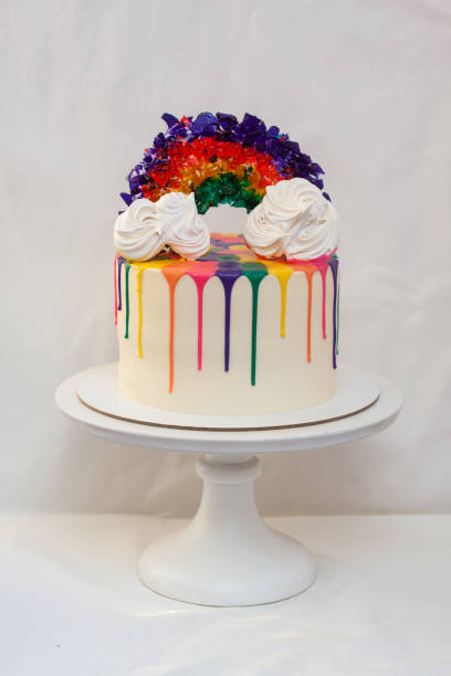 istock LGBT rainbow cake with melted chocolate and caramel rainbow on white cakestand. Plain background, copy space. 1221675556