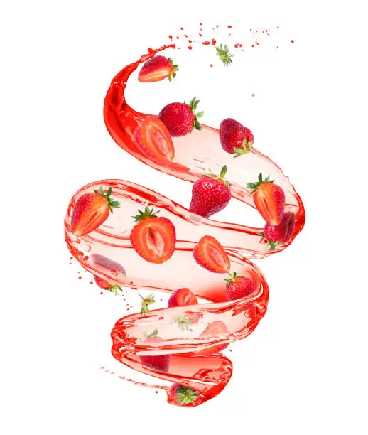 Photo of Strawberries in splashes of juice in a swirling shape, isolated on white background