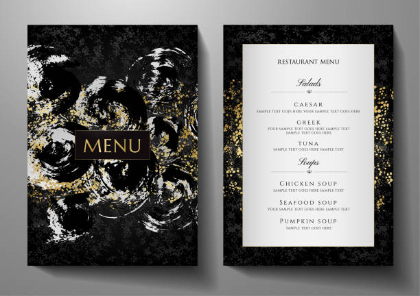 illustrazioni stock, clip art, cartoni animati e icone di tendenza di modello di menu del ristorante di design con texture astratta dorata d'argento - dinner invitation