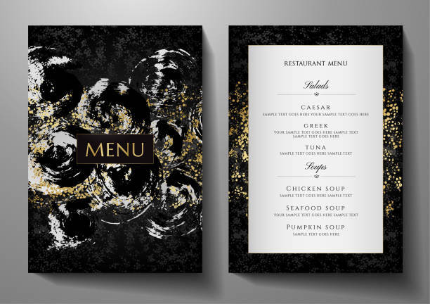 Design restaurant menu template with silver golden abstract texture Luxe black and gold frame pattern (border). Elegant cover useful for Creative Cafe Menu, brochure, wedding invitation design dinner stock illustrations