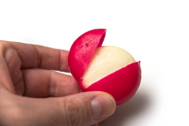 edam cheese openning in hand on white background