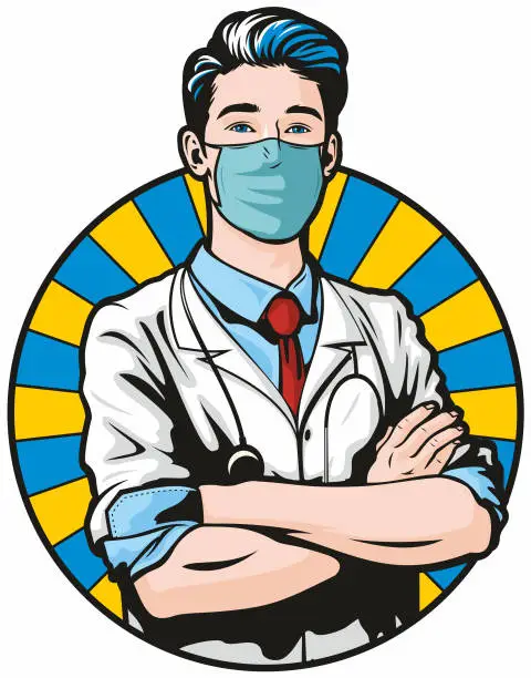 Vector illustration of Handsome Young Male Doctor With Face Mask