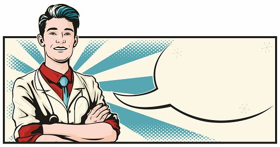 Comic book style pop art illustration of a handsome young male doctor standing in a confident pose with his arms folded. Empty speech bubble for your text.