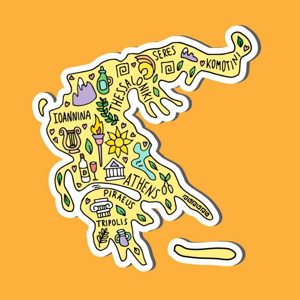 Sticker. Hand drawn Colored doodle Greece map. Greek city names lettering and cartoon Sticker. Hand drawn Colored doodle Greece map. Greek city names lettering and cartoon landmarks, tourist attractions cliparts. travel, funny infographic poster. crete cartoon stock illustrations