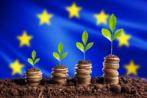 Economy European Union EU concept finance money is born in soil on plant with coins for successful investment, flag background