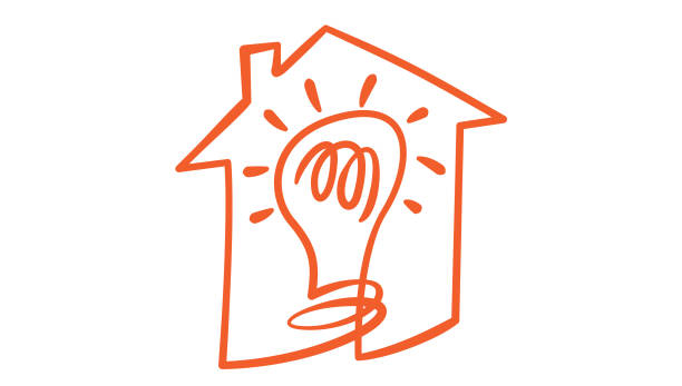 pomysł na logo domu, żarówka w domu, ręcznie rysowana ikona - curiosity searching discovery home interior stock illustrations
