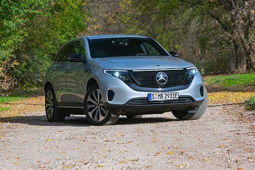 Berlin, Germany – 22 October, 2019: Mercedes-Benz EQC stopped on a road. This model is the first electric SUV from Mercedes-Benz.