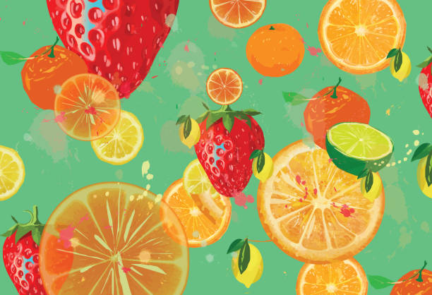 ilustrações de stock, clip art, desenhos animados e ícones de summer fruit composition - orange background