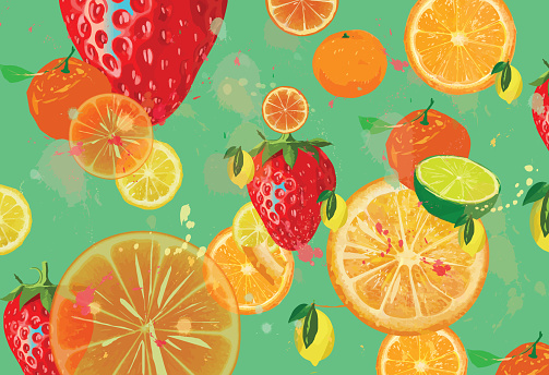 Fruity background. Strawberries, oranges and lemons background