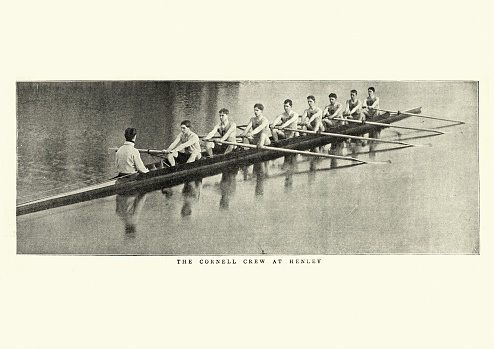 Vintage photograph of the Cornell coxed rowing team at Henley, 1895, 19th Century