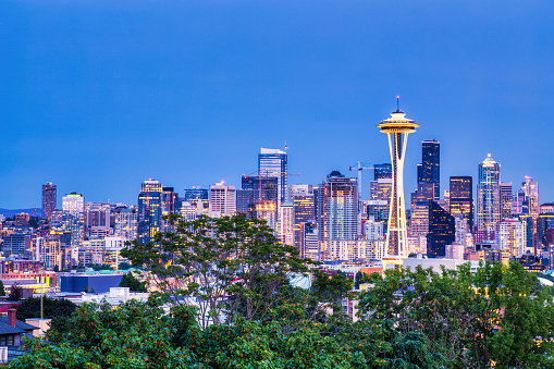 Seattle Cityscape with Mt. Rainier in the Background at Dusk, Washington, USA