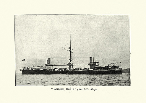Vintage photograph of Italian ironclad Andrea Doria built for the Italian Regia Marina