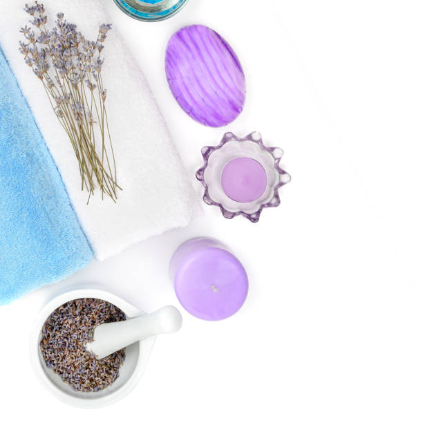 istock Composition with lavender flowers and natural cosmetic isolated on white background. Flat lay,top view. Free space for text. 1221686344