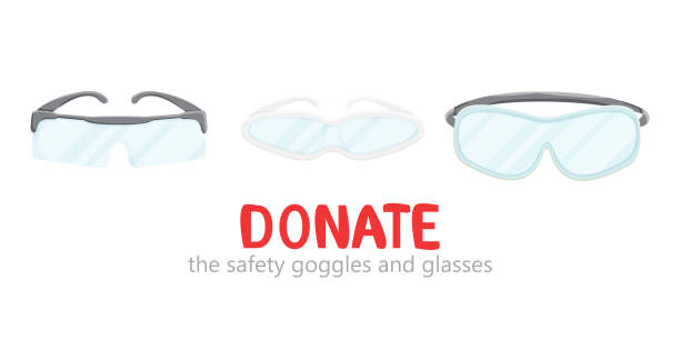 Vector illustration of safety goggles donation Vector illustration of safety goggles donation isolated.  Industrial design of medical surgical plastic or glass workwear. Flat charity donation concept and social health care. Doctors accessories protective eyewear stock illustrations