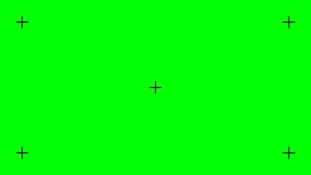 grüner bildschirm, chromakey hintergrund. leerer grüner hintergrund mit vfx-bewegungsverfolgungsmarkern. chroma-schlüsselhintergrund für keying-, motion-grafik- und videoeffekte - medium format camera stock-grafiken, -clipart, -cartoons und -symbole