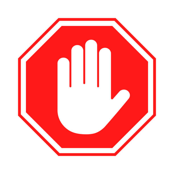 stoppzeichen. rotes verbotsschild mit menschlicher hand in achteckform. halte handgeste, nicht betreten, gefährlich - stoppschild stock-grafiken, -clipart, -cartoons und -symbole