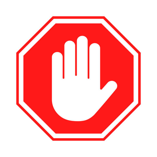 ilustraciones, imágenes clip art, dibujos animados e iconos de stock de señal de alto. signo rojo prohibido con la mano humana en forma de octágono. detener el gesto de la mano, no entrar, peligroso - road sign symbol stop stop gesture