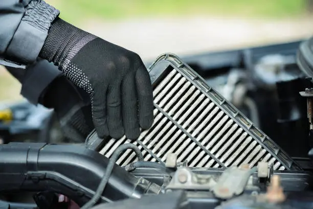 A car service worker is holding in hands old car air filter close up.