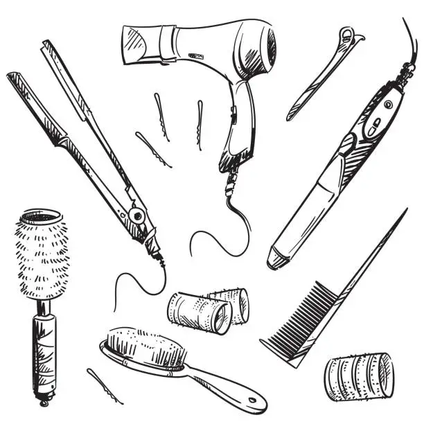 Vector illustration of Set of hair styling tools, vector sketch