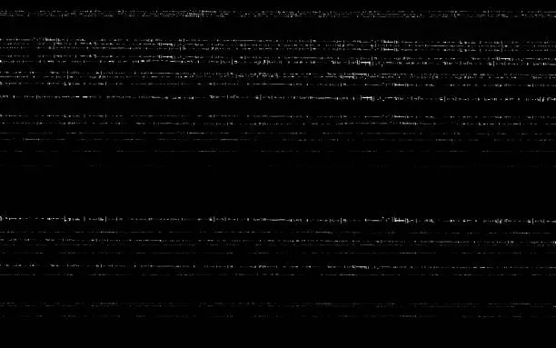 Vector illustration of Glitch VHS template. Old video effect on black backdrop. Horizontal random white lines. Retro tape texture with distorted elements. Analog videotape. Vector illustration