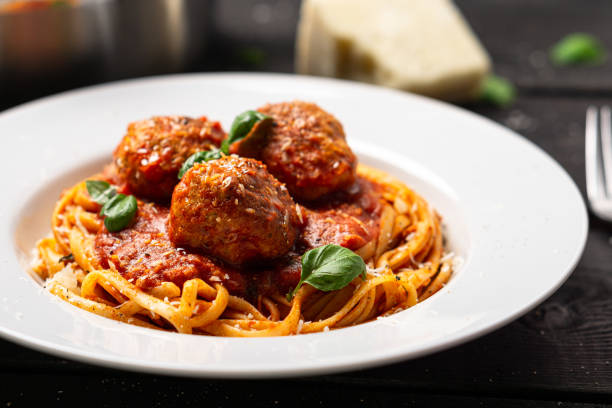 istock Spaghetti and meatballs plate close-up. 1221689956