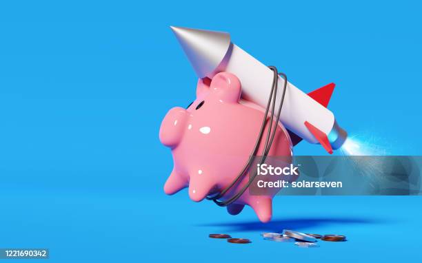 Piggy Bank With A Rocket Strapped To Its Back Stock Photo - Download Image Now - Piggy Bank, Rocketship, Interest Rate