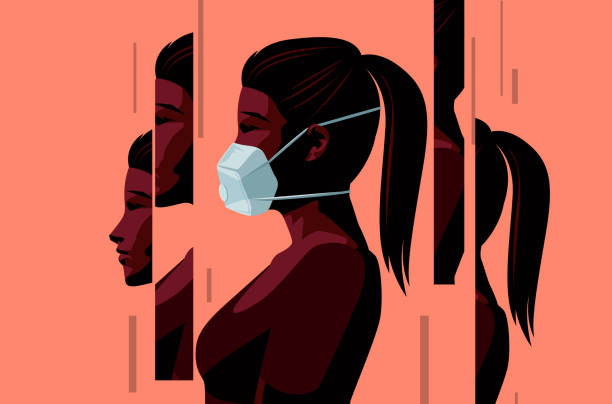 Women Wearing A Protective Face Mask A women wearing a face mask during the Covid-19 coronavirus outbreak and coming to terms with the new normal. Changed lives and mental health concept. Vector illustration facial mask woman stock illustrations