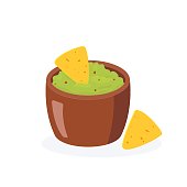 istock Traditional mexican food. Brown bowl of guacamole and nachos. Flat illustration on white background 1221691057