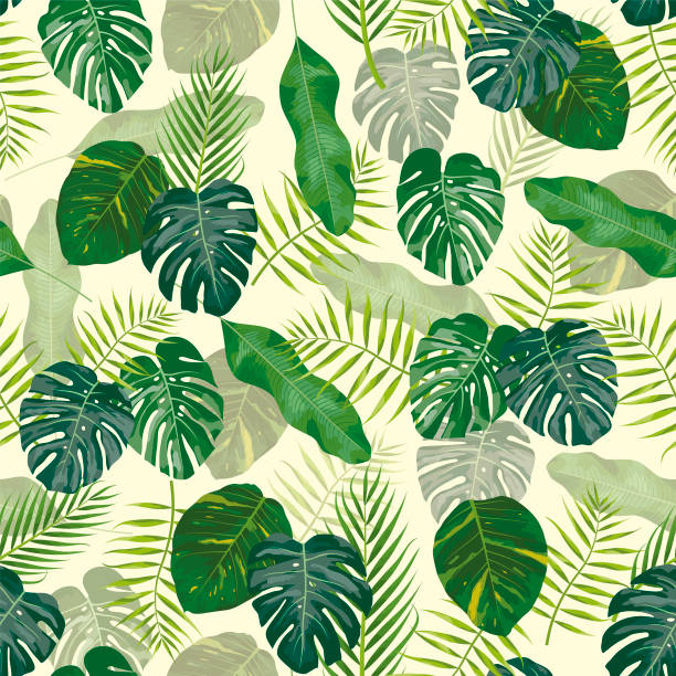 plants pattern Pattern drawing with green tropical leaves and plant stems on a light background. Design with leaves. jungle leaf pattern stock illustrations