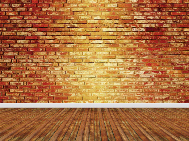 istock Brick wall interior background with a wooden floor 1221693384