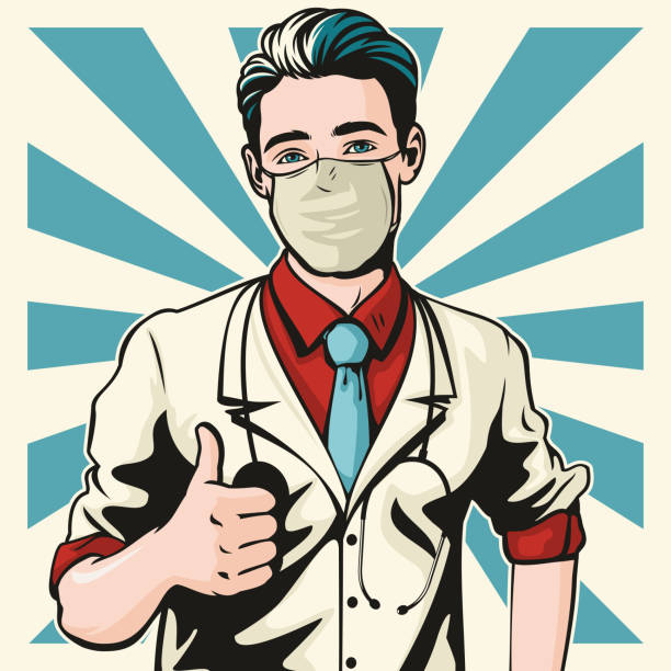 Comic book style pop art illustration of a handsome young male doctor standing in a confident pose giving us the thumbs up. He is wearing a protective surgical face mask.